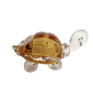 Vintage Amber Hand Blown Art Glass Turtle Figurine Murano Style Paperweight